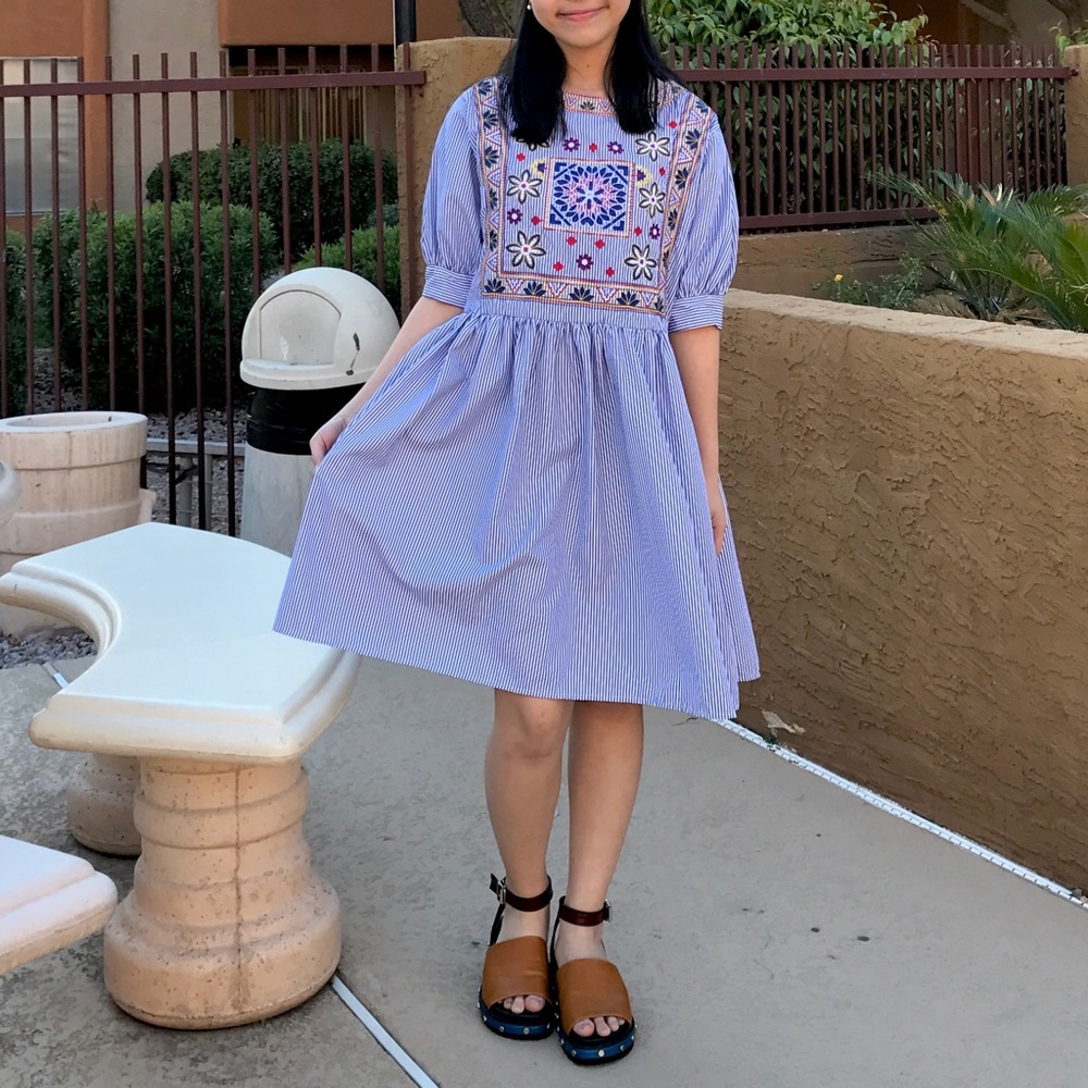 ***FREE SHIPPING***Korean Brand Dahong Puff Sleeve Striped Embroidered dress